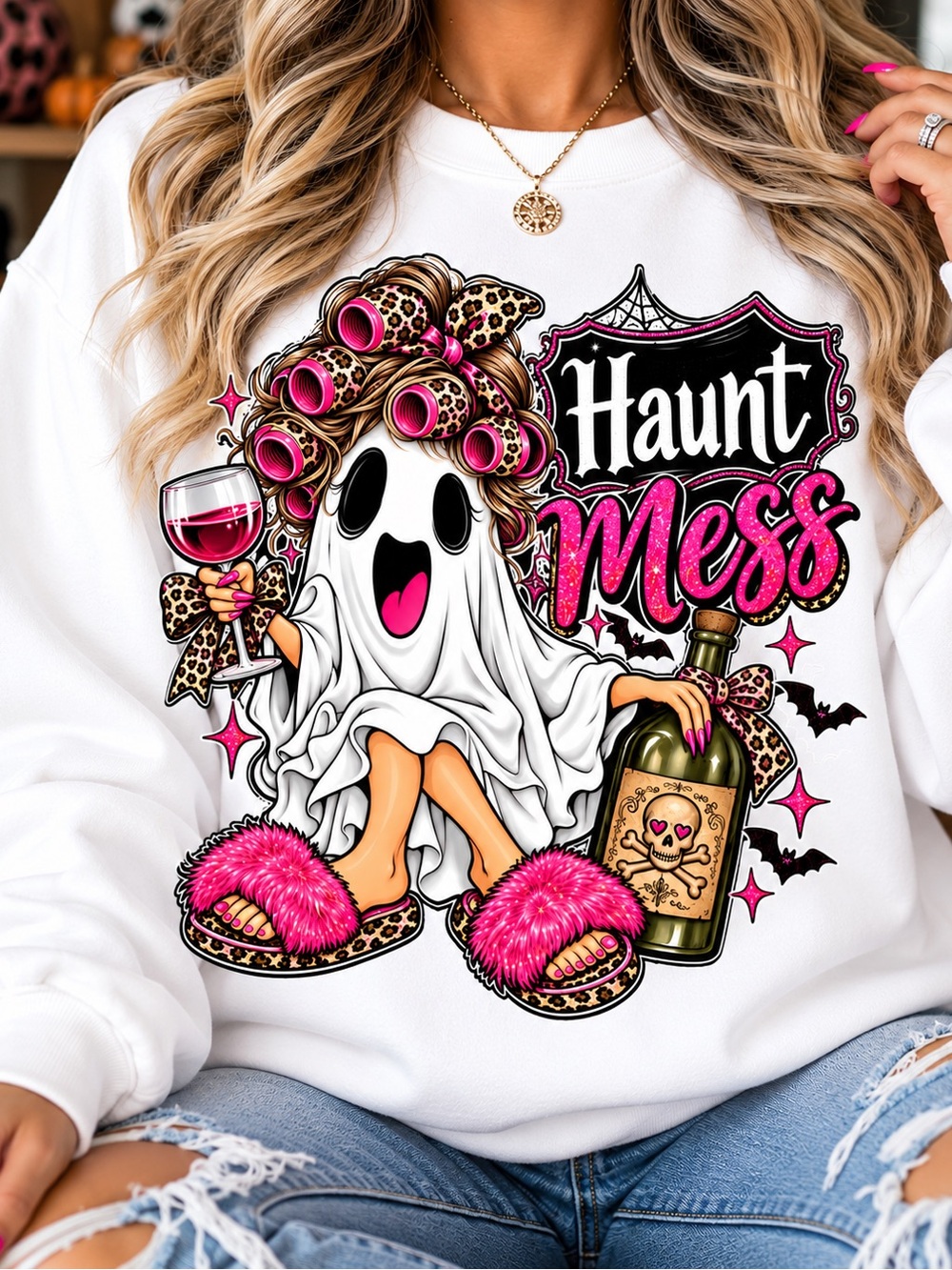 Gildan White Sweatshirt with Pink & Leopard Halloween Graphic